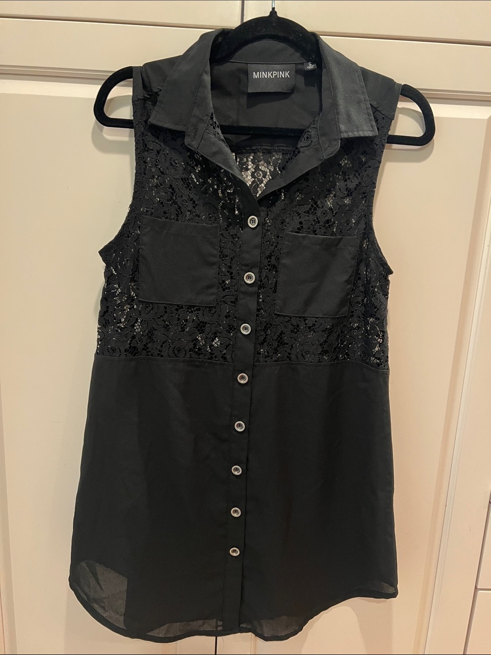 MINKPINK Black Lace Yoke Sleeveless Button-Down Top